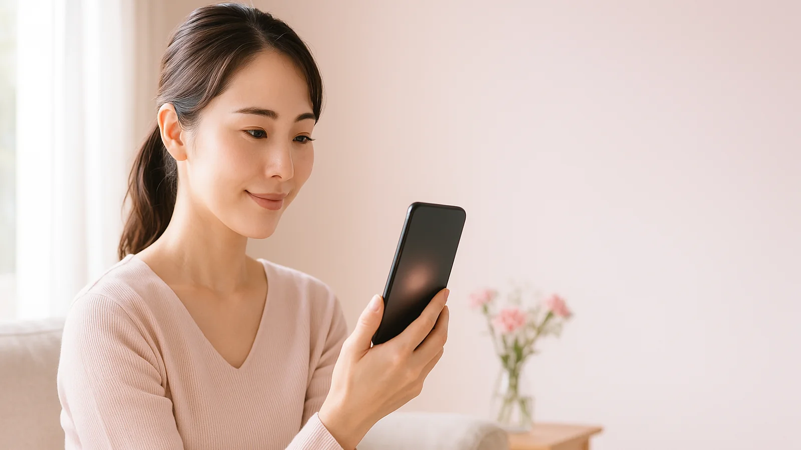 自宅でスマートフォンからオンライン診療を受ける女性