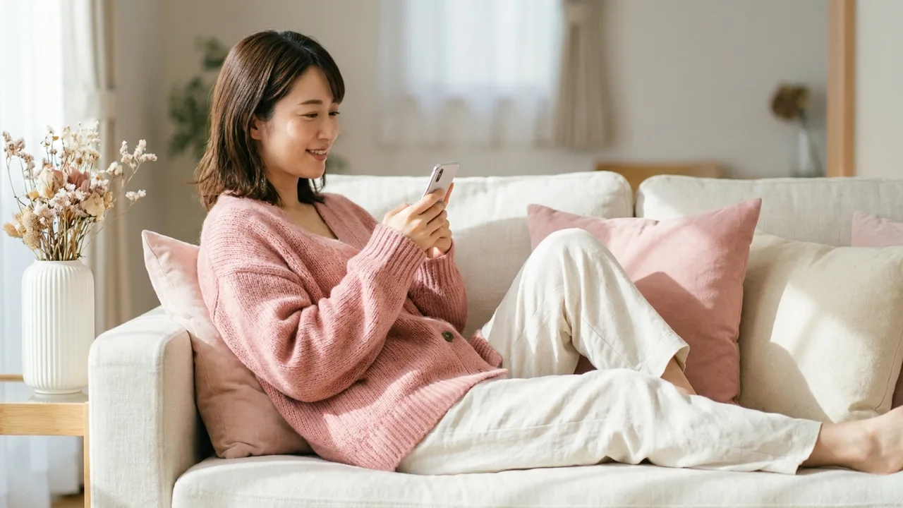 自宅でくつろぎながらスマートフォンで体調や肌の悩みを相談する女性